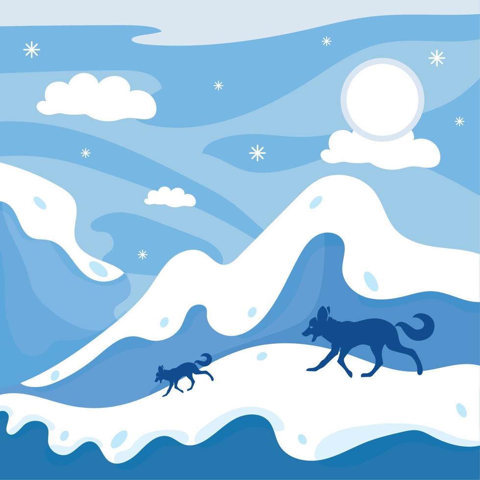 paysage d'hiver bleu avec des collines et une meute de loups vecteur