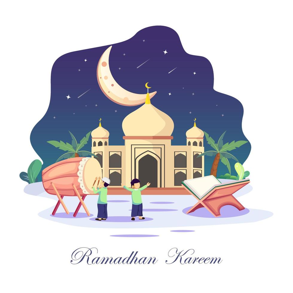 illustration de concept de ramadan kareem. les musulmans heureux célèbrent le mois sacré du ramadan, les voeux de l'aïd moubarak. style de modèle de vecteur plat pour la page de destination web, arrière-plan.