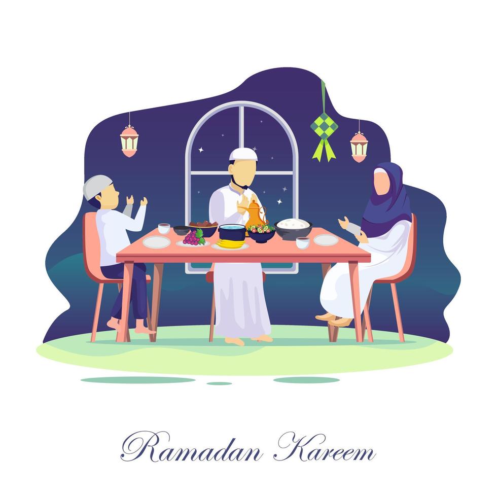 illustration de concept de flyer de célébration de fête iftar. dattes douces, lanterne fanous et tasse à café arabe. mois sacré islamique, ramadan kareem. vecteur