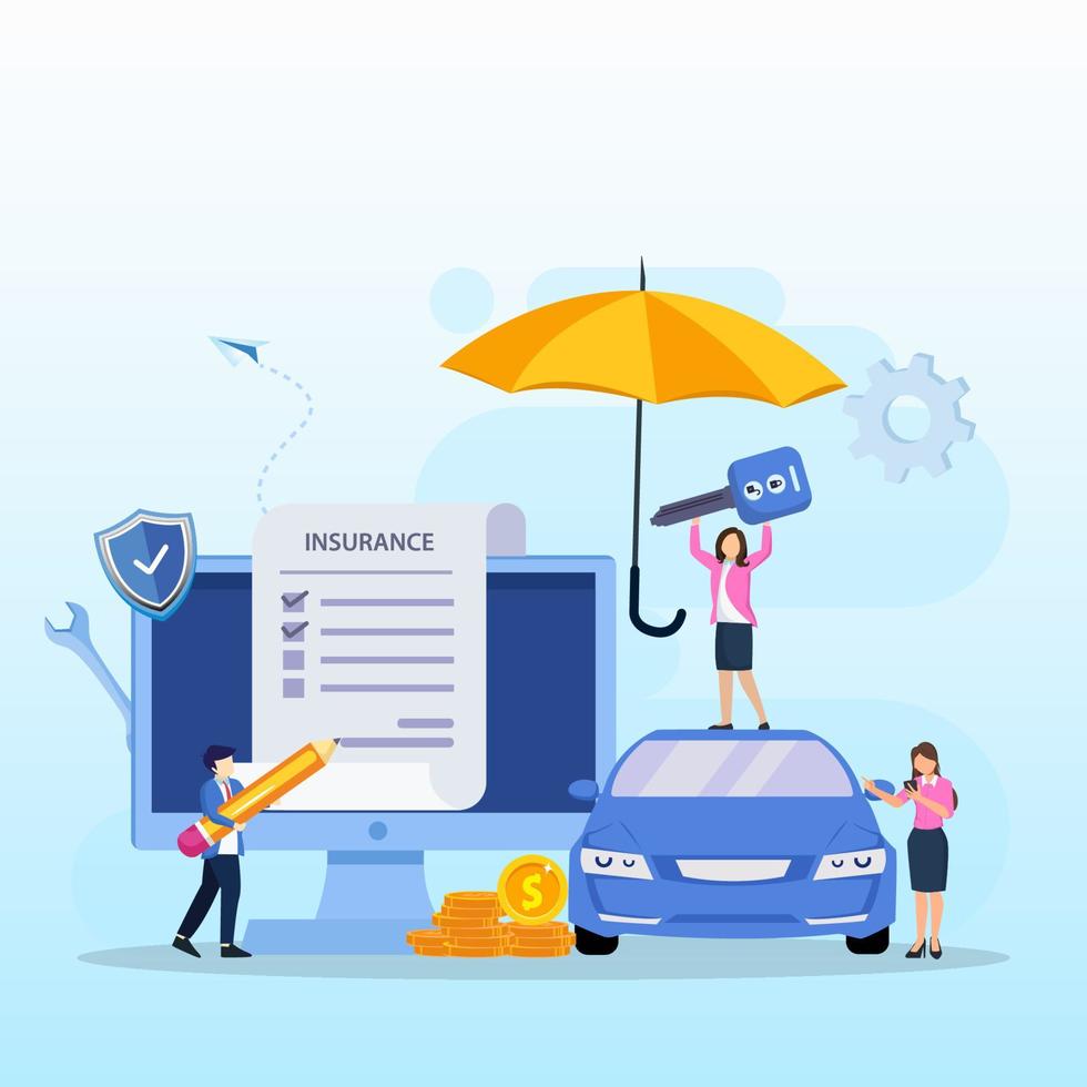 formulaire de police d'assurance automobile avec parapluie. agent d'assurance, vecteur de protection, de dommages ou de collision
