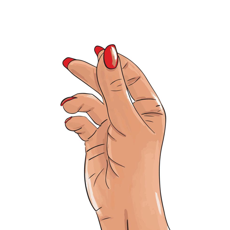 main blanche féminine dessinée à la main avec des ongles rouges claquant le geste du doigt. autocollant, illustration vectorielle de conception d'impression isolée sur fond blanc. croquis dans le style pop art, bandes dessinées. appeler à l'attention. vecteur
