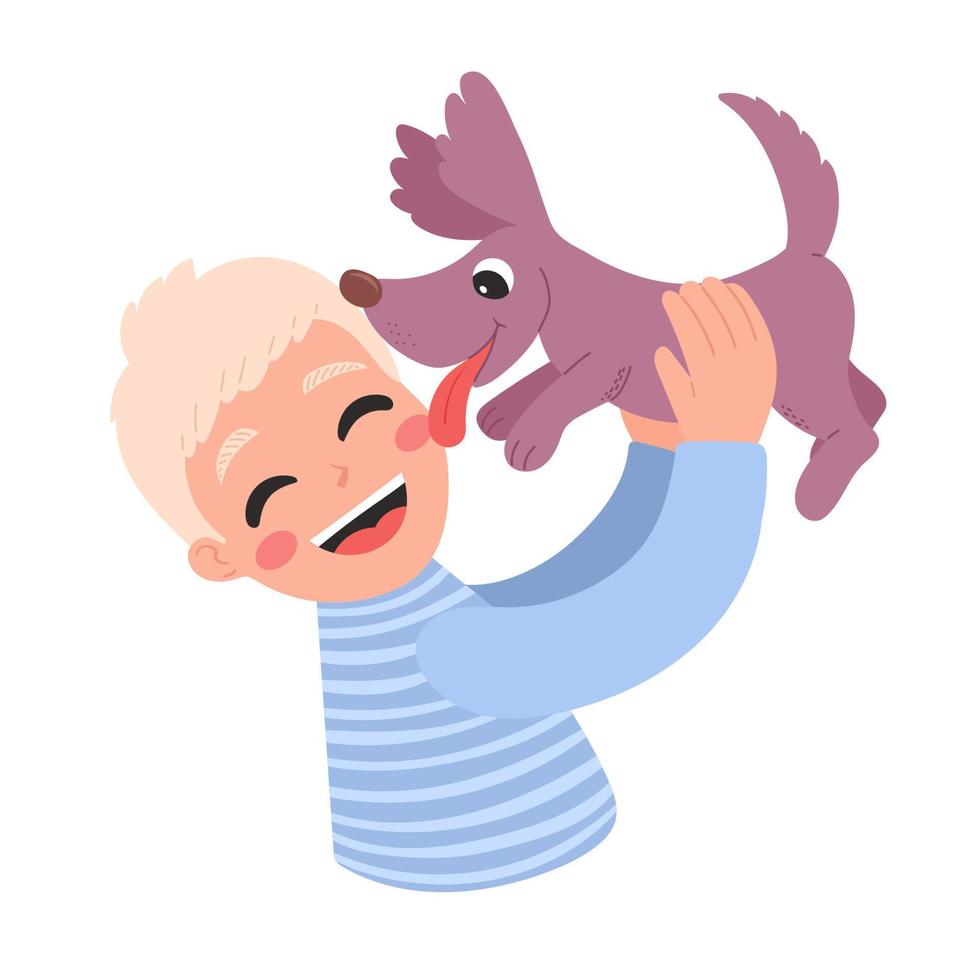 personnes et animaux de compagnie, garçon heureux avec chien, illustration vectorielle vecteur