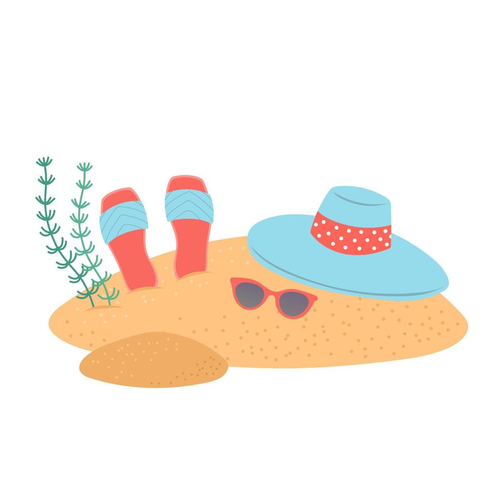 bonjour l'été ensemble d'éléments sur le sable, illustration vectorielle vecteur