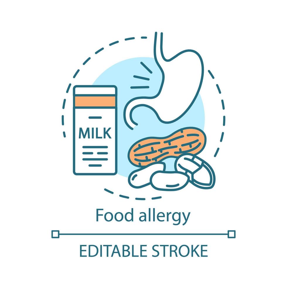 icône de concept d'allergie alimentaire. réaction allergique aux protéines de lait, idée de noix illustration en ligne mince. Intolérance au lactose. problèmes d'estomac. allergènes alimentaires. dessin de contour isolé de vecteur. trait modifiable vecteur