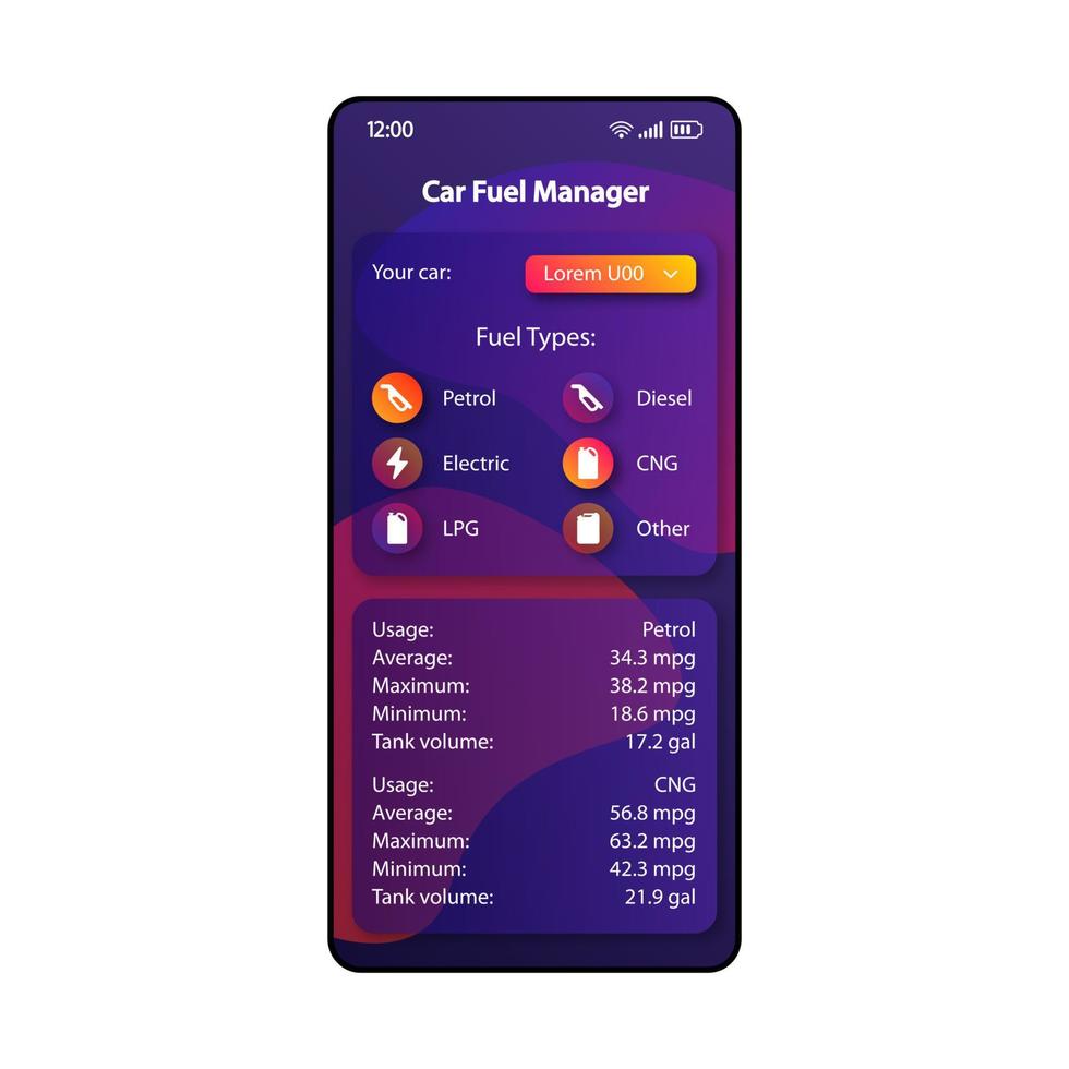 modèle de vecteur d'interface de smartphone de gestionnaire de carburant de voiture. mise en page de conception de couleur de page d'application mobile. écran de l'organisateur de ravitaillement du véhicule. interface utilisateur plate pour l'application. liste des types d'alimentation affichage du téléphone.