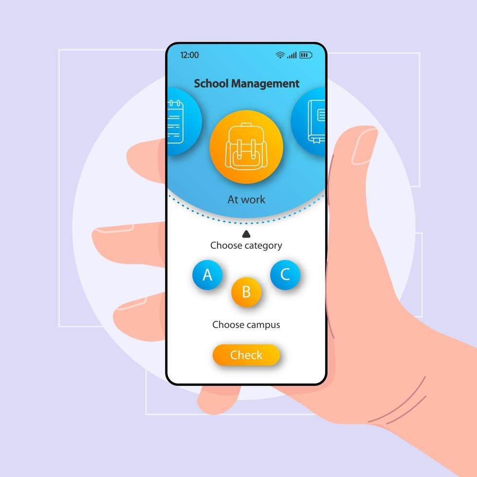 modèle de vecteur d'interface de smartphone de gestion scolaire. mise en page de conception de couleur de page d'application mobile. écran du logiciel d'éducation. interface utilisateur plate pour l'application. main tenant le téléphone avec l'outil de choix de campus à l'écran