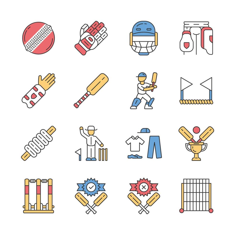 jeu d'icônes de couleur de championnat de cricket. uniforme de sport, équipement de protection, équipement de jeu. activité sportive de plein air. jeu d'équipe de chauve-souris et de balle. préparation des matchs. illustrations vectorielles isolées vecteur