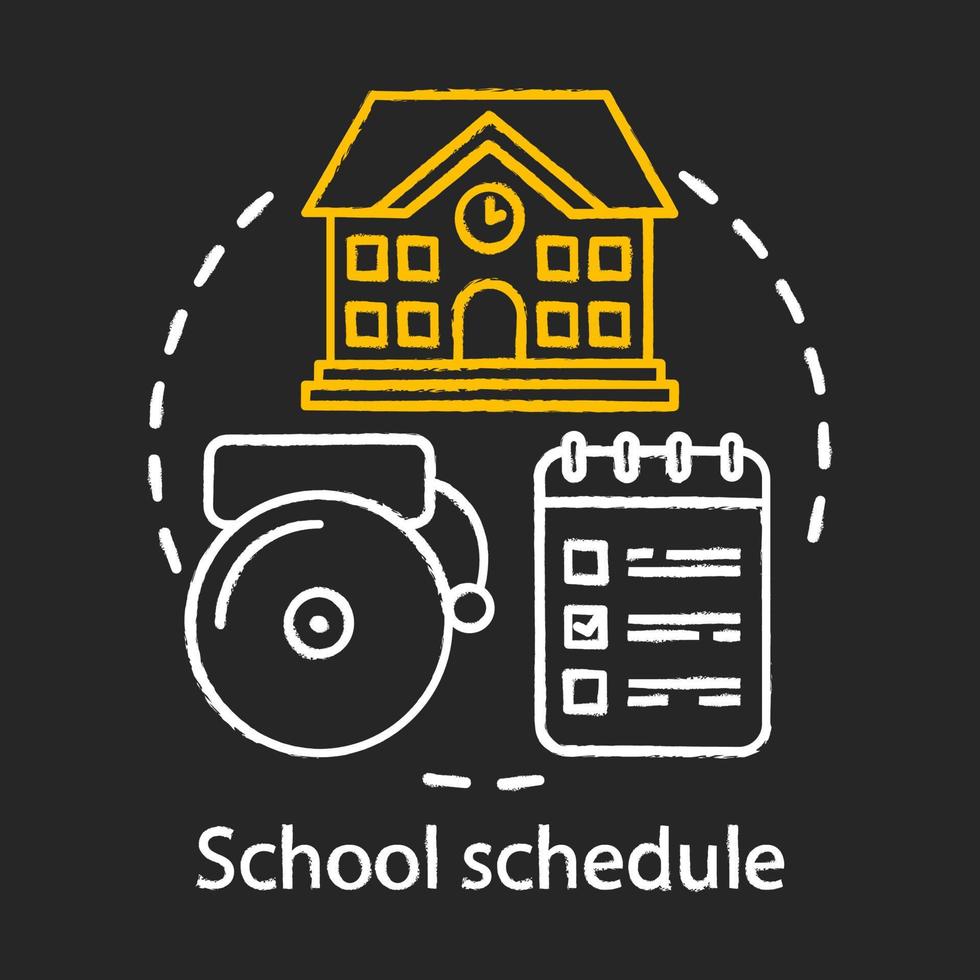 horaire scolaire, icône de concept de craie d'horaire. idée d'organisation du processus éducatif. école, cloche et bloc-notes avec illustration vectorielle de notes isolées sur tableau noir. étudier à l'université, apprendre vecteur