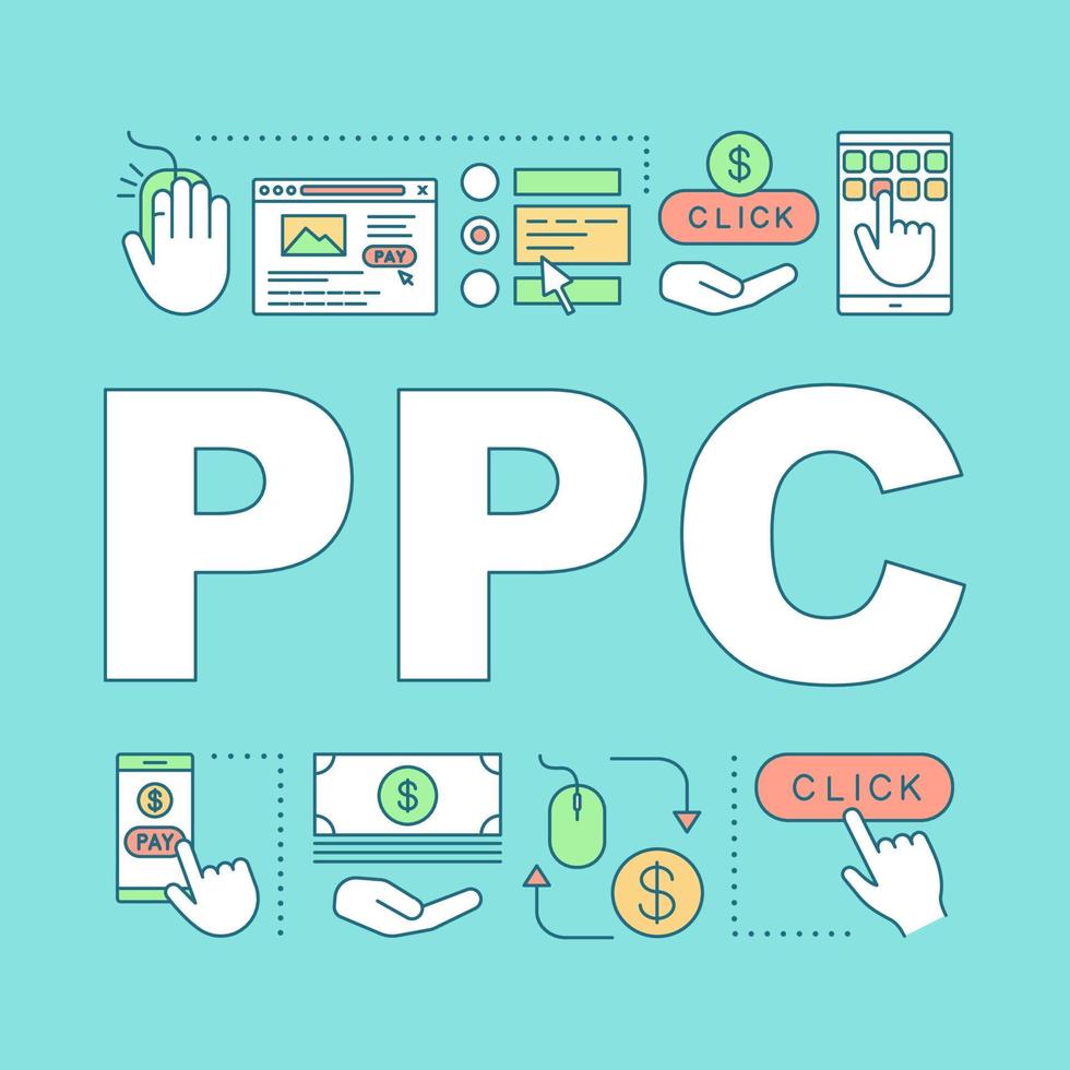 bannière de concepts de mots ppc. payer avec un clic. modèle d'annonces Internet. stratégie marketing numérique. présentation, site internet. idée de typographie de lettrage isolé avec des icônes linéaires. illustration de contour de vecteur