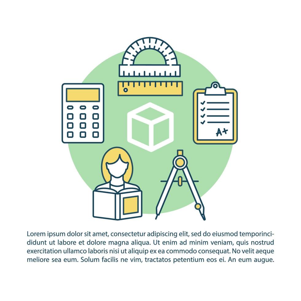 classes de géométrie, modèle de vecteur de page d'article de leçons. mathématiques. brochure, magazine, élément de conception de livret avec icônes linéaires et zones de texte. design d'impression. illustrations de concept avec espace de texte