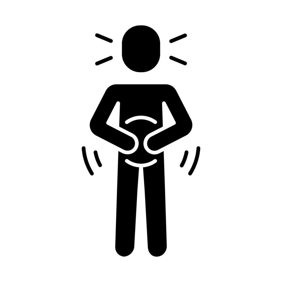 icône de glyphe de douleur abdominale. problème du système digestif. intoxication alimentaire, symptôme d'allergie. symbole de la silhouette. espace négatif. spasmes menstruels, crampes menstruelles. illustration vectorielle isolée vecteur