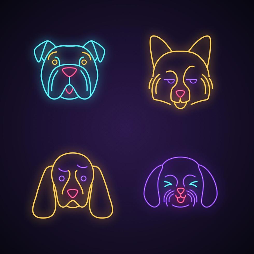 chiens mignons personnages de néon kawaii. animaux aux museaux tristes. Spitz allemand souriant. emoji drôle, ensemble d'émoticônes. icônes lumineuses avec alphabet, chiffres, symboles. illustration vectorielle isolée vecteur