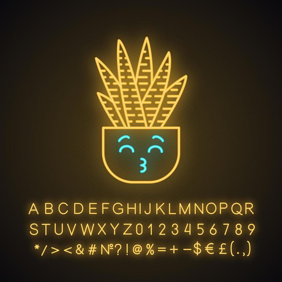 cactus zèbre mignon personnage de néon kawaii. cactus avec un visage qui s'embrasse. heureux haworthia en pot. emoji drôle, émoticône. icône rougeoyante avec alphabet, chiffres, symboles. illustration vectorielle isolée vecteur