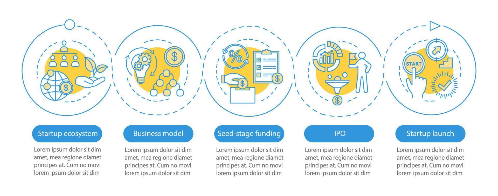 modèle d'infographie vectorielle de démarrage. Projet de lancement. éléments de conception de présentation d'entreprise. visualisation des données avec cinq étapes et options. graphique chronologique du processus. mise en page du flux de travail avec des icônes linéaires vecteur