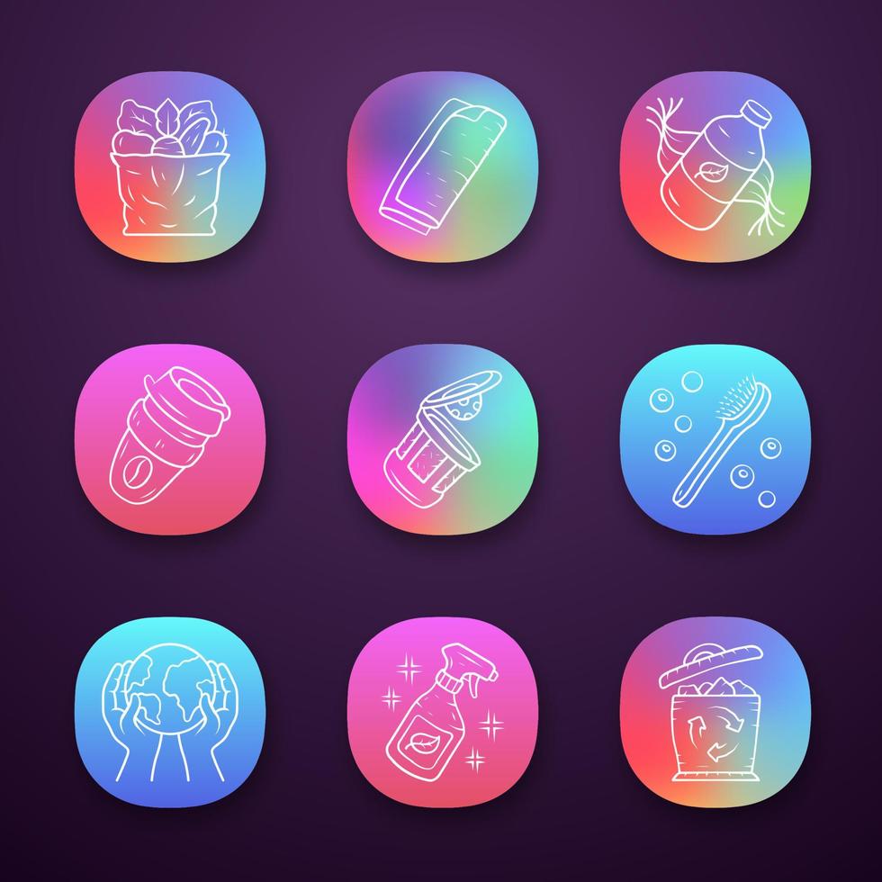 zéro déchet échange des icônes d'application faites à la main. produits écologiques et durables. tasse à café réutilisable, shampoing écologique, brosse. interface utilisateur ui ux. applications web ou mobiles. illustrations vectorielles isolées vecteur