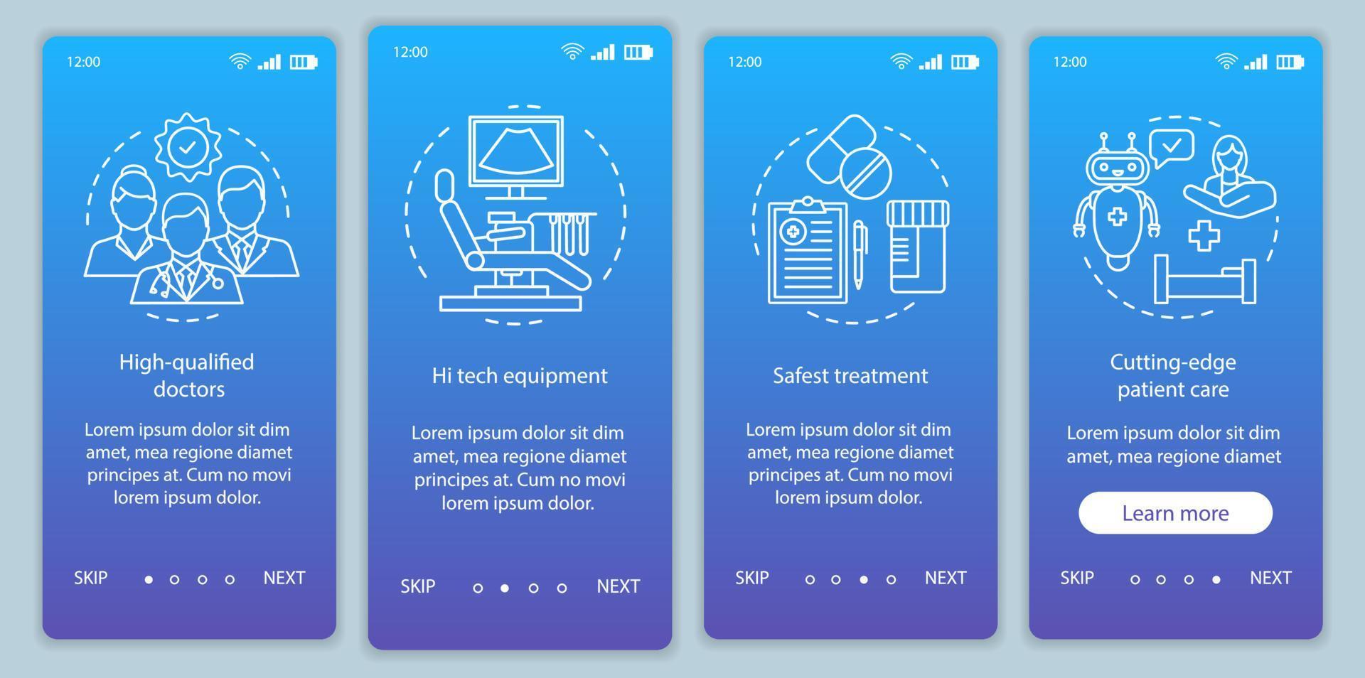 le service médical avance le modèle de vecteur d'écran de page d'application mobile d'intégration. des soins de santé de haute qualité. étapes du site Web pas à pas avec des illustrations linéaires. concept d'interface de smartphone ux, ui, gui