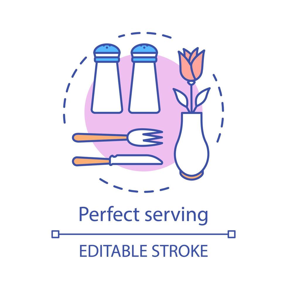icône de concept de service parfait. industrie alimentaire. couverts, sel, poivre, fleur. réservation de table de café. illustration de la fine ligne de l'idée de réglage de la table. dessin de contour isolé de vecteur. trait modifiable vecteur