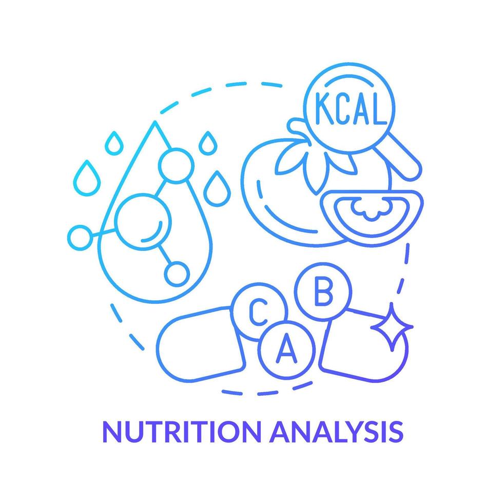 icône de concept de gradient bleu d'analyse nutritionnelle. illustration de la ligne mince de l'idée abstraite des tests alimentaires. contenu diététique. vitamines et mineraux. dessin de contour isolé. une myriade de polices pro-bold utilisées vecteur