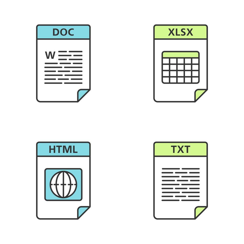 ensemble d'icônes de couleur de format de fichiers. fichiers texte, Web et de données. doc, xlsx, html, txt. illustrations vectorielles isolées vecteur