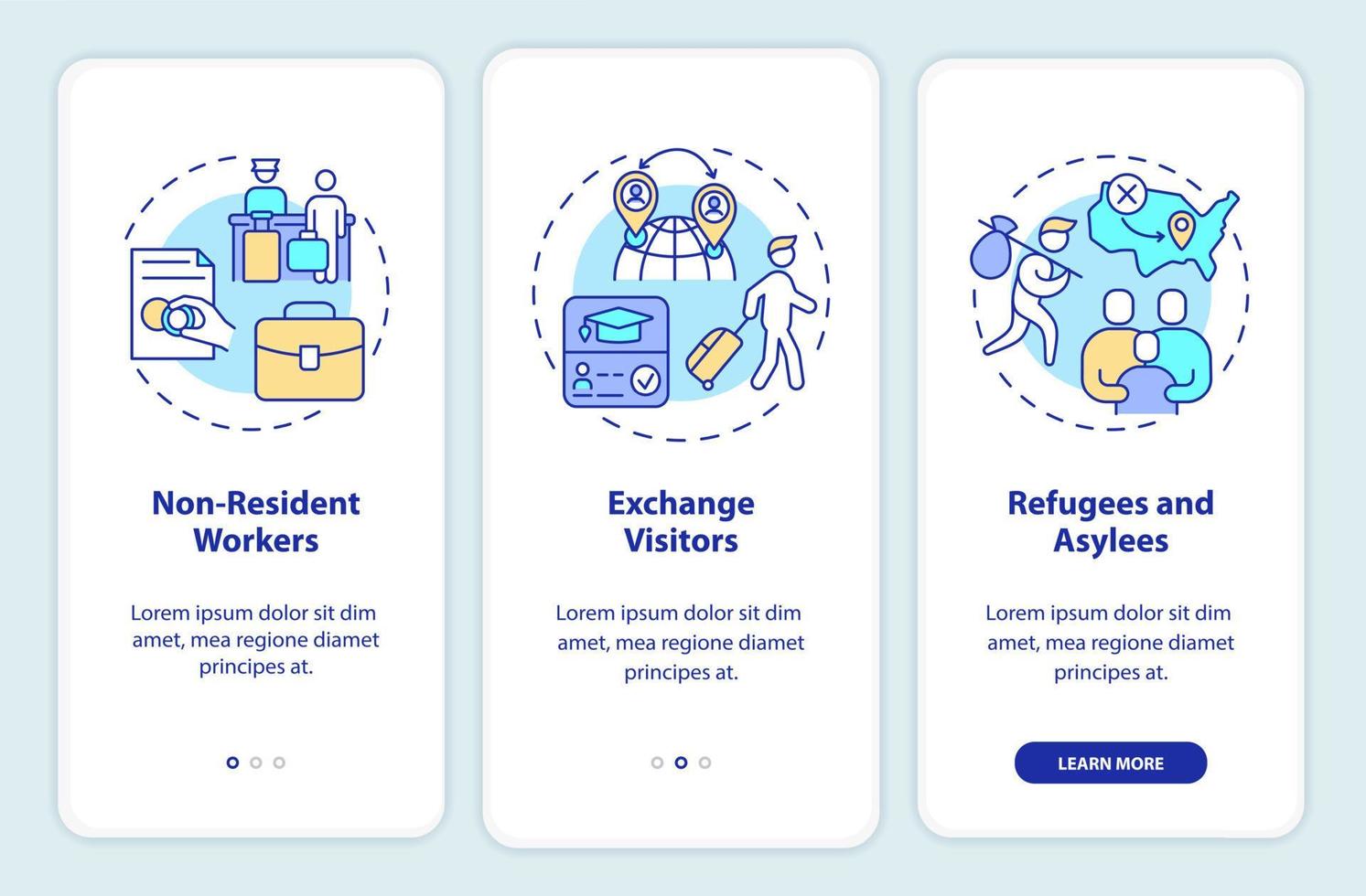 écran d'application mobile d'intégration des voies de migration. autorisations pas à pas pages d'instructions graphiques en 3 étapes avec des concepts linéaires. ui, ux, modèle d'interface graphique. une myriade de polices pro-gras régulières utilisées vecteur