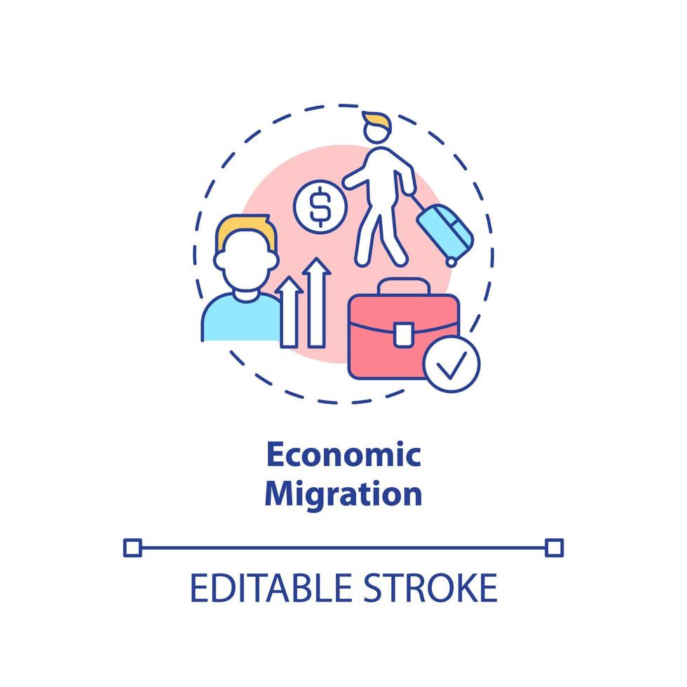 icône de concept de migration économique. déménager pour trouver du travail. raison de la réinstallation idée abstraite illustration en ligne mince. dessin de contour isolé. trait modifiable. arial, myriade de polices pro-gras utilisées vecteur