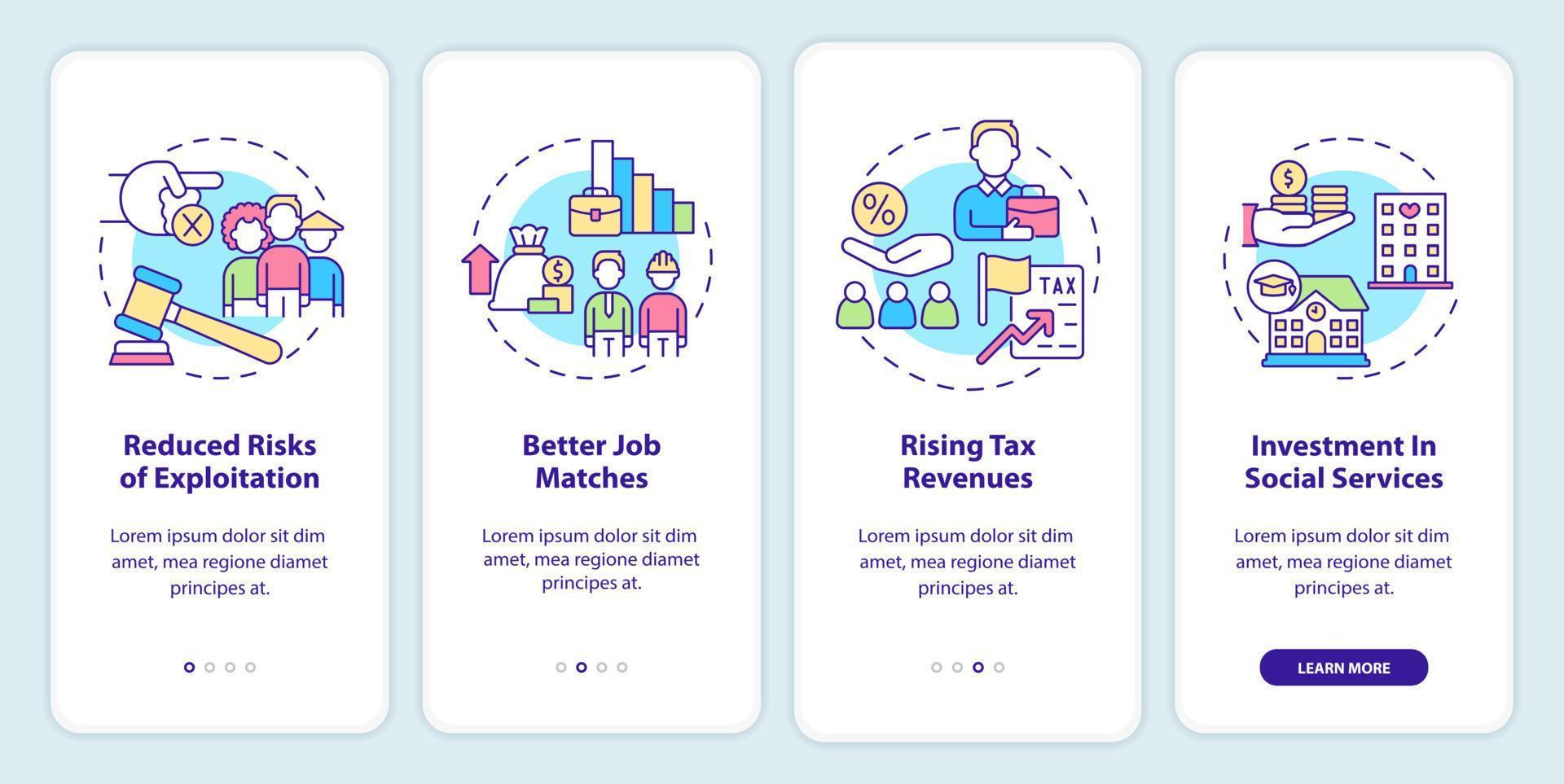 impact positif de la légalisation des immigrants sur l'écran de l'application mobile. pages d'instructions graphiques en 4 étapes avec des concepts linéaires. ui, ux, modèle d'interface graphique. une myriade de polices pro-gras régulières utilisées vecteur