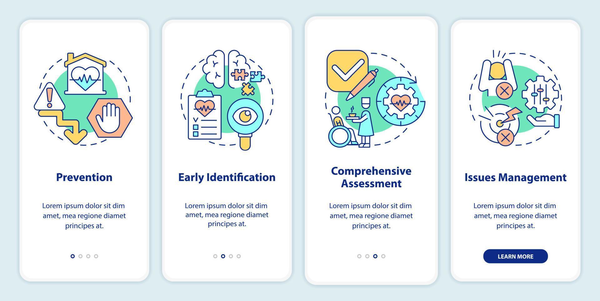 écran d'application mobile d'intégration des étapes de soins palliatifs. Procédure de soins de santé pages d'instructions graphiques en 4 étapes avec des concepts linéaires. ui, ux, modèle d'interface graphique. une myriade de polices pro-gras régulières utilisées vecteur