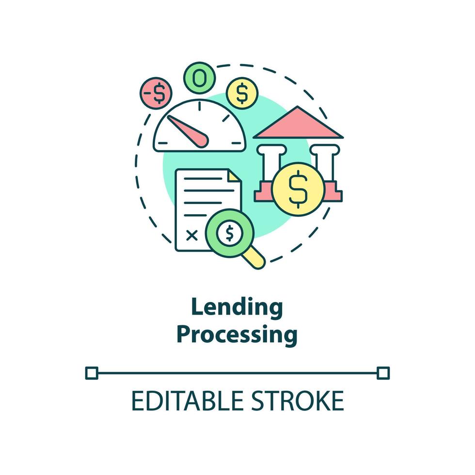 icône de concept de traitement de prêt. vérifier l'historique financier. illustration de ligne mince d'idée abstraite de banque automatisée. dessin de contour isolé. trait modifiable. arial, myriade de polices pro-gras utilisées vecteur