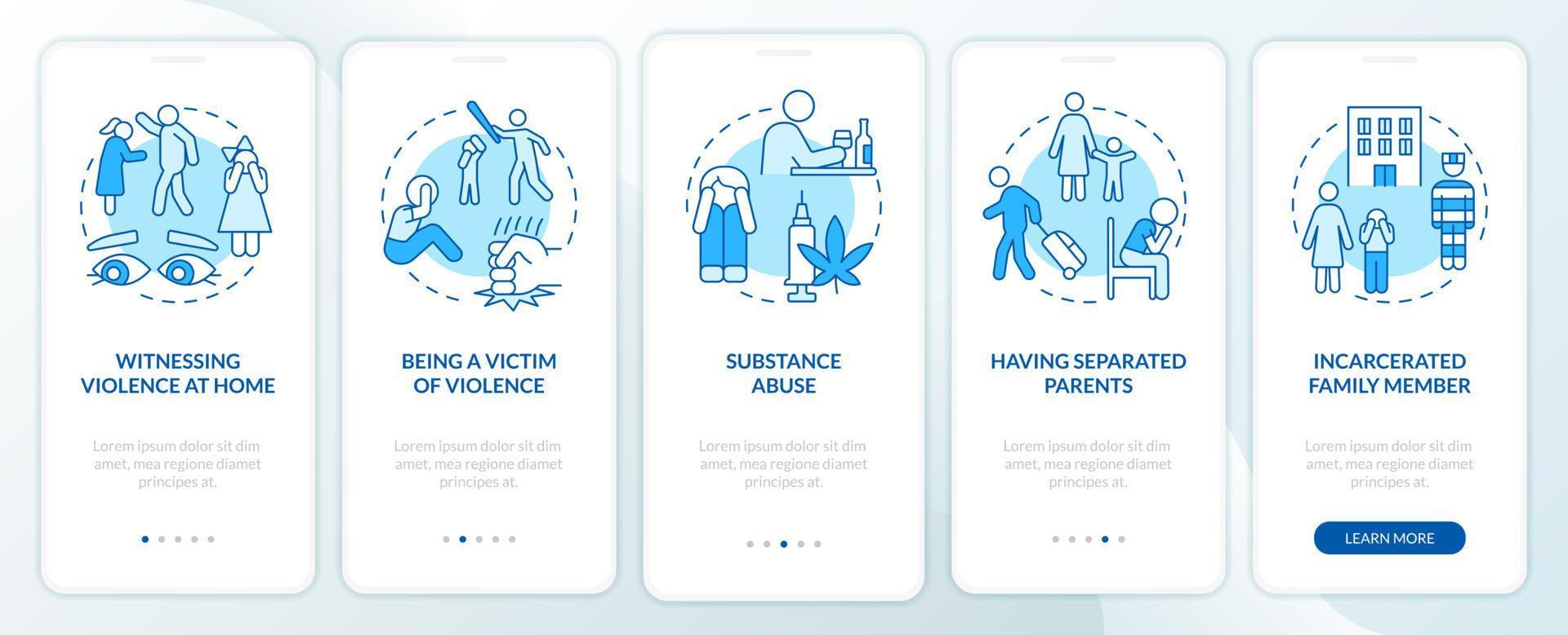 écran d'application mobile d'intégration bleue des survivants de traumatismes infantiles. pas à pas en 5 étapes pages d'instructions graphiques avec des concepts linéaires. ui, ux, modèle d'interface graphique. une myriade de polices pro-gras régulières utilisées vecteur