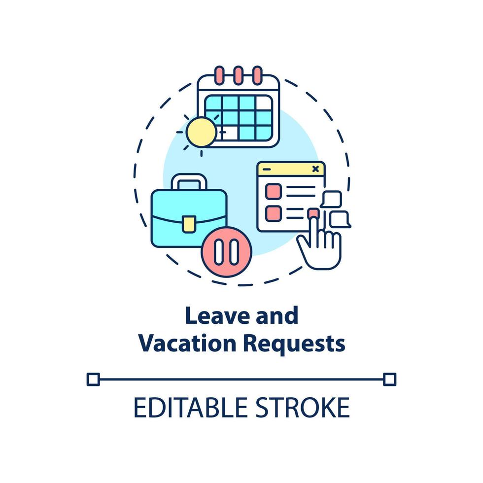 icône de concept de demandes de congés et de vacances. exemples d'automatisation dans l'illustration de la ligne mince d'idée abstraite d'entreprise. dessin de contour isolé. trait modifiable. arial, myriade de polices pro-gras utilisées vecteur