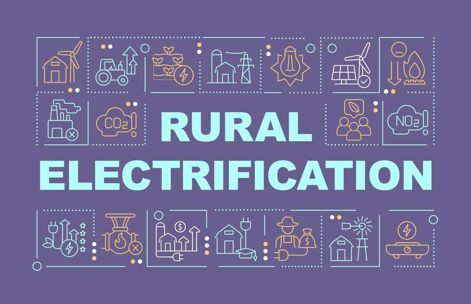 concepts de mots d'électrification rurale bannière violette. les régions éloignées. infographie avec des icônes linéaires sur fond. typographie isolée. illustration vectorielle couleur avec texte. police arial-black utilisée vecteur