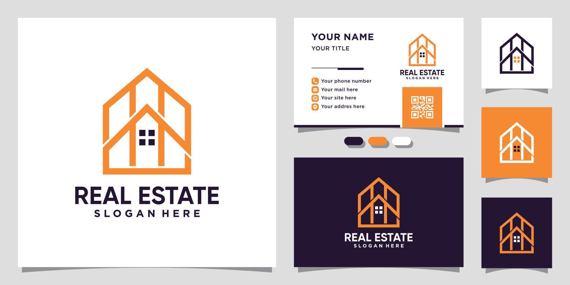 logo immobilier maison avec style d'art en ligne et conception de carte de visite vecteur premium