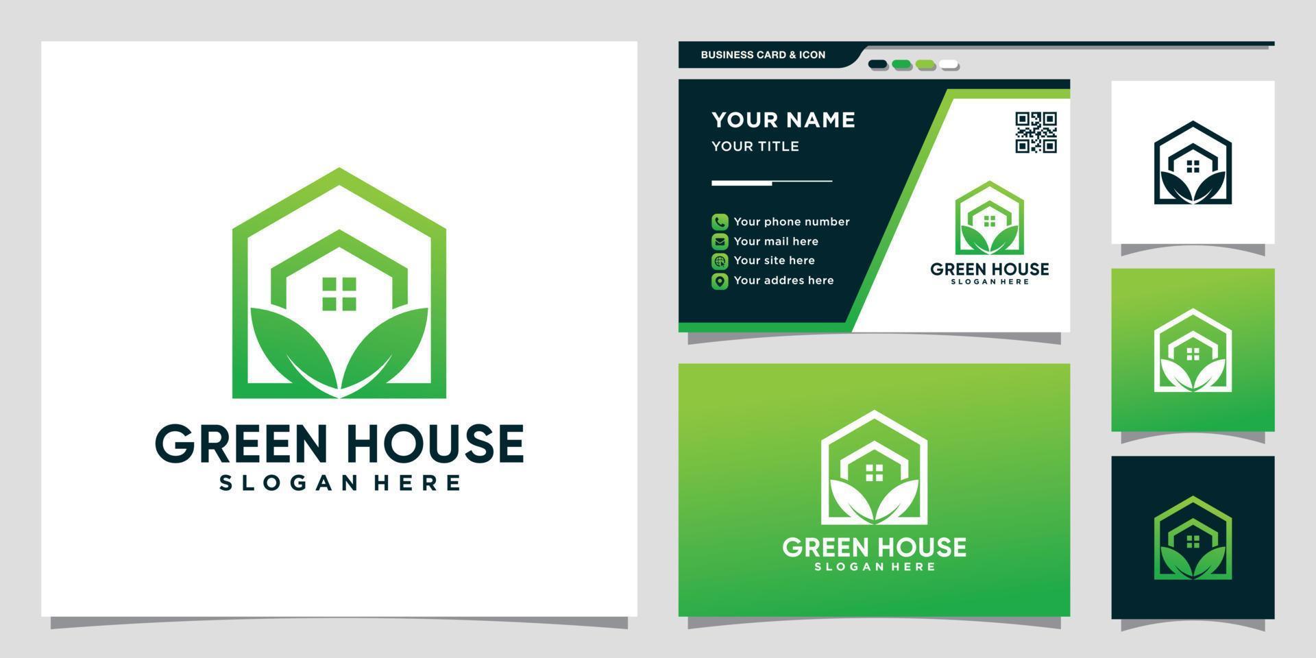 logo de maison verte créative avec style d'art en ligne et conception de carte de visite vecteur premium