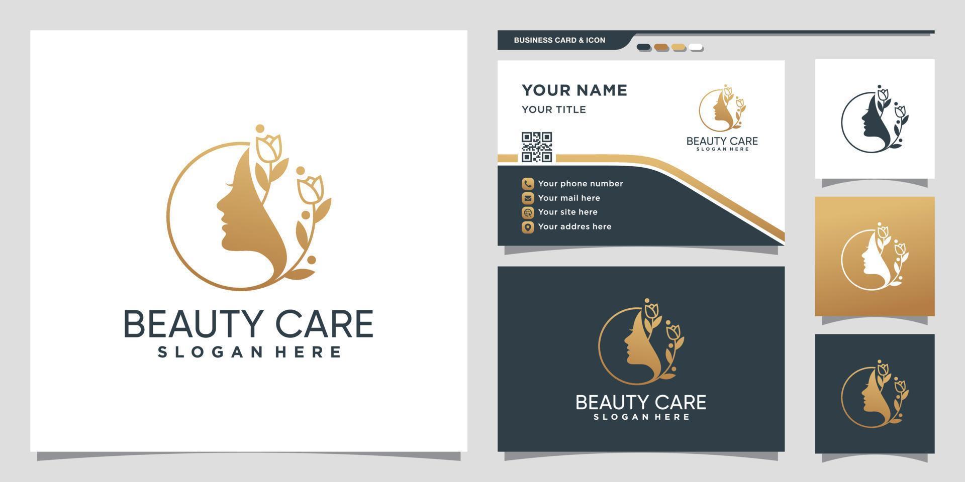 beauté femme logo avec fleur dans un style linéaire et conception de carte de visite vecteur premium