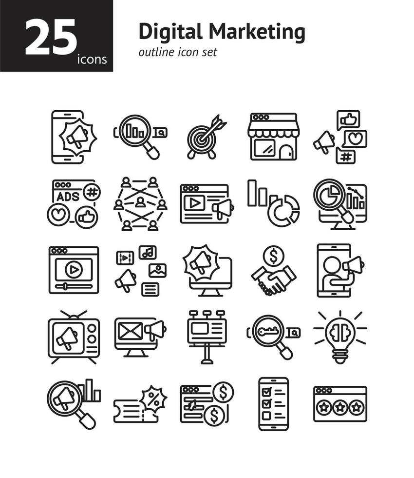 jeu d'icônes de contour de marketing numérique. vecteur