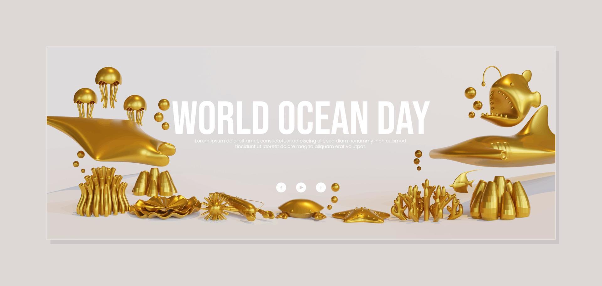 modèle de bannière de la journée mondiale de l'océan avec composition en or d'animaux marins illustration 3d vecteur