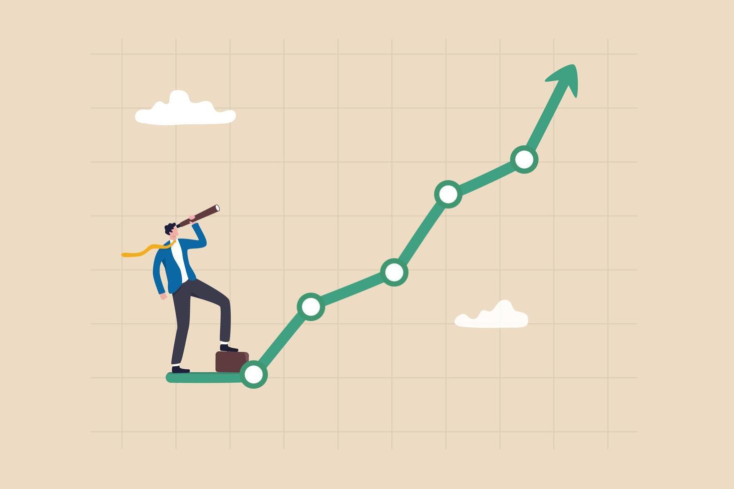 potentiel de croissance de l'investissement, prévision ou prévision économique, vision ou analyse de l'avenir, concept de croissance de l'entreprise ou d'augmentation des revenus, homme d'affaires regarde à travers le télescope pour voir le graphique de croissance de l'investissement. vecteur