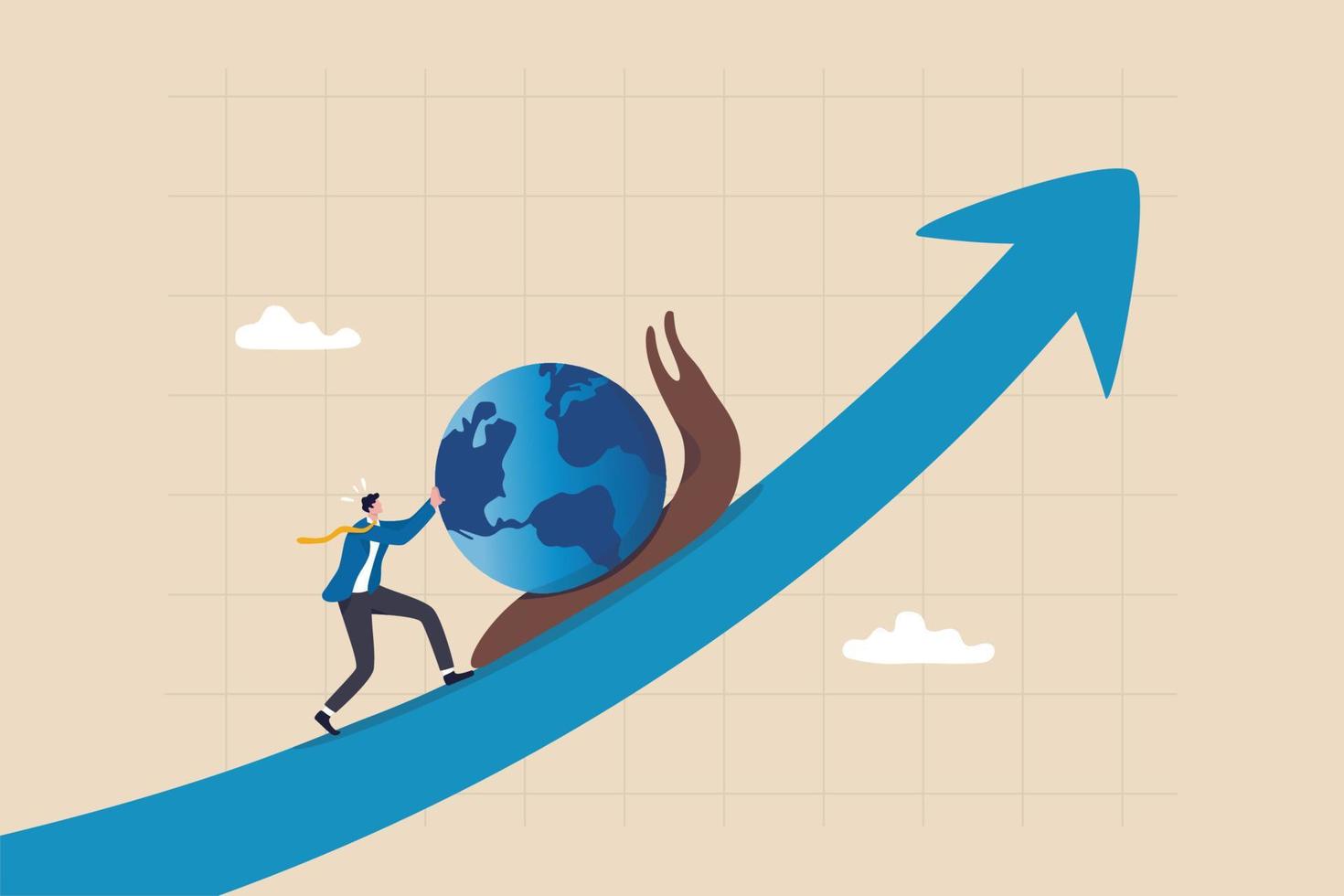 ralentissement économique mondial, déclin de la croissance du pib mondial ou ralentissement, récession ou ralentissement de la croissance, homme d'affaires poussant un escargot lent avec la terre sur la métaphore de la flèche croissante du pib de l'économie mondiale. vecteur