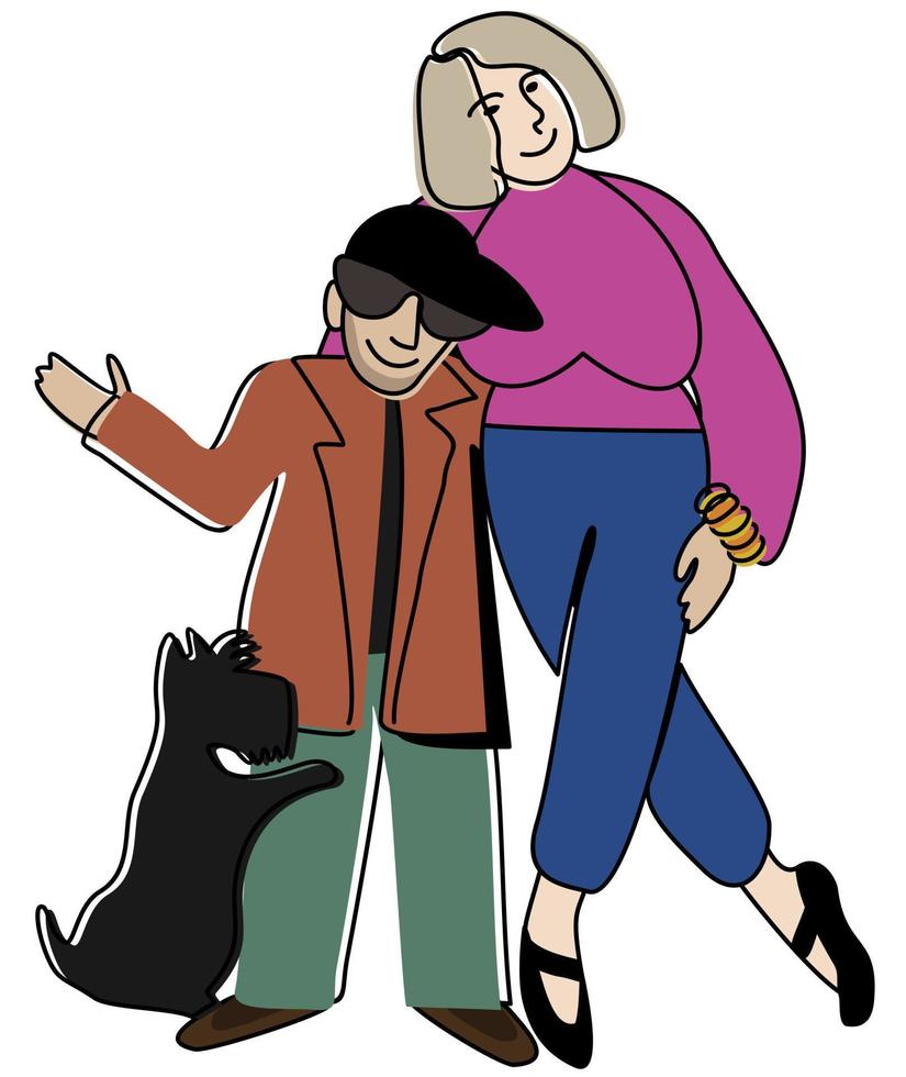 illustration vectorielle isolée du couple avec un chien. vecteur