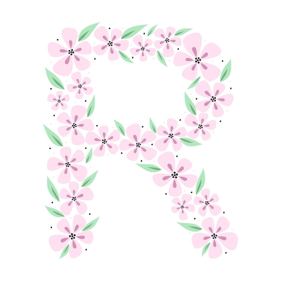 alphabet botanique floral. lettre de monogramme vintage dessiné à la main r. lettre avec plantes et fleurs. lettrage de vecteur isolé sur blanc