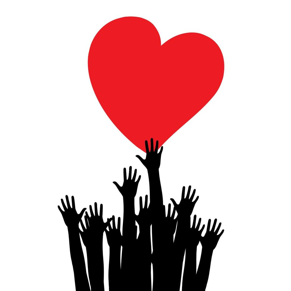 mains avec coeur. concept de vecteur de bénévolat mains levées. icône de l'amour. vecteur cardiaque.