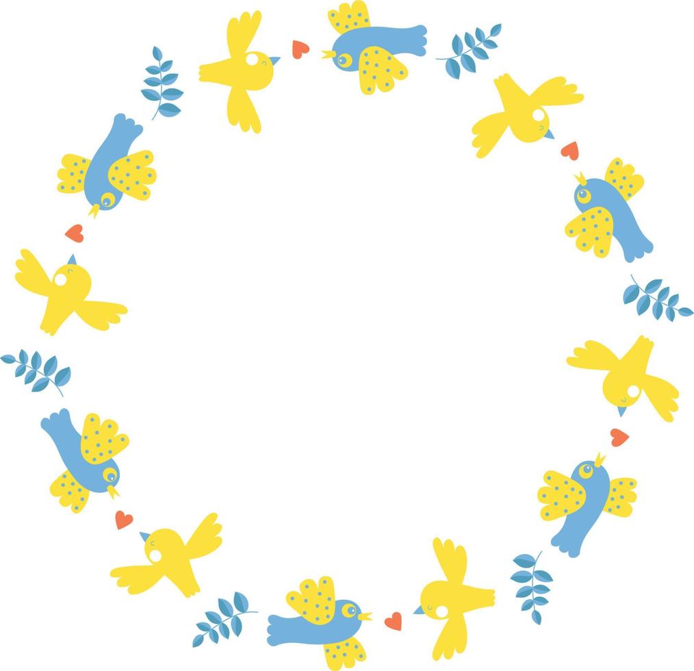 cadre rond avec oiseaux et coeur jaune-bleu. illustration vectorielle. cadre rond pour la décoration, le design, l'impression, les serviettes vecteur