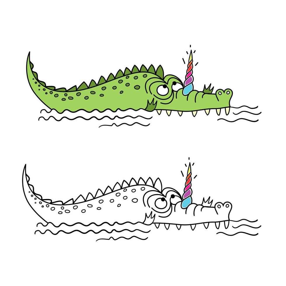 crocodile avec corne de licorne, illustration vectorielle dessinée à la main d'un joli crocodile drôle avec une corne de licorne. vecteur