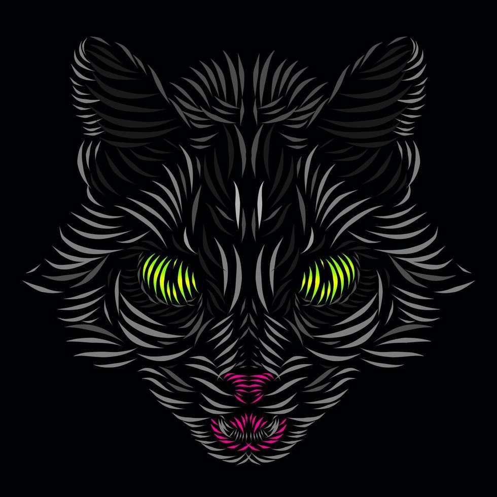 chat lynx léopard panthère tigre ligne pop art potrait logo design coloré avec fond noir foncé vecteur