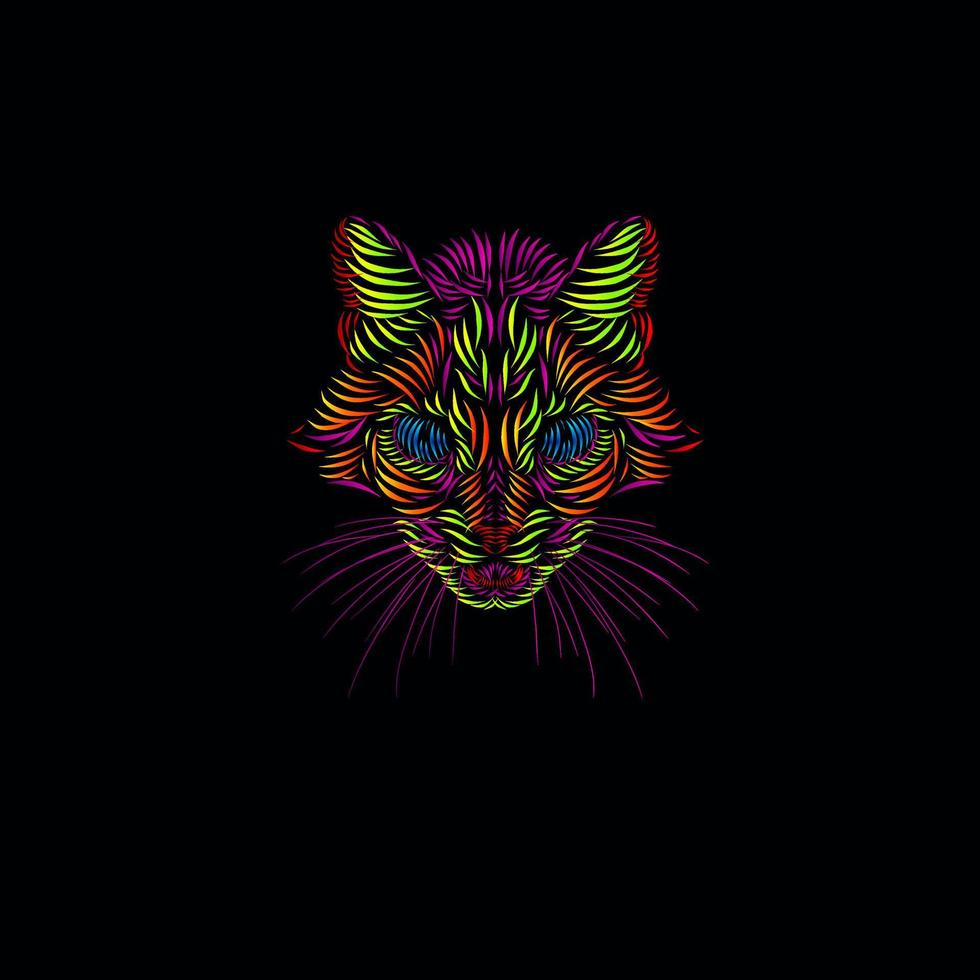 chat lynx léopard panthère tigre ligne pop art potrait logo design coloré avec fond noir foncé vecteur