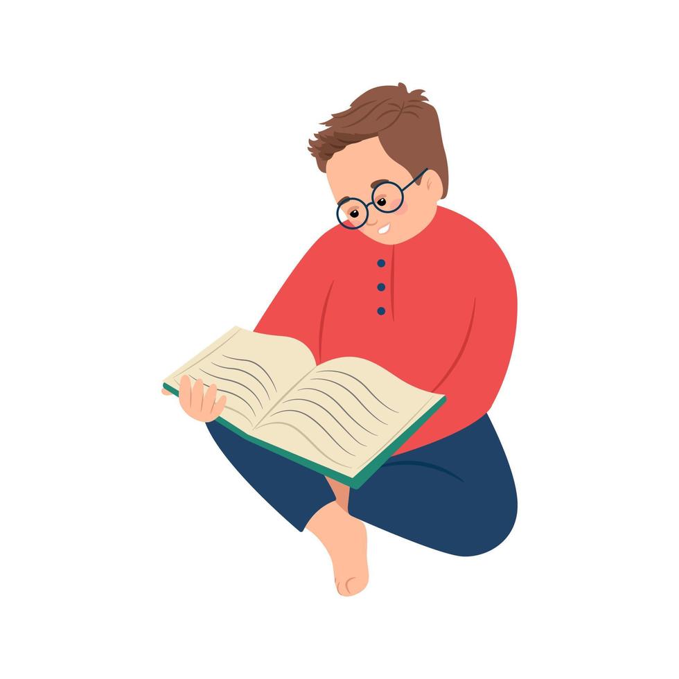 un garçon avec des lunettes lit un livre, un enfant avec un livre dans ses mains. illustration vectorielle dans un style plat. dessin animé, personnage isolé vecteur