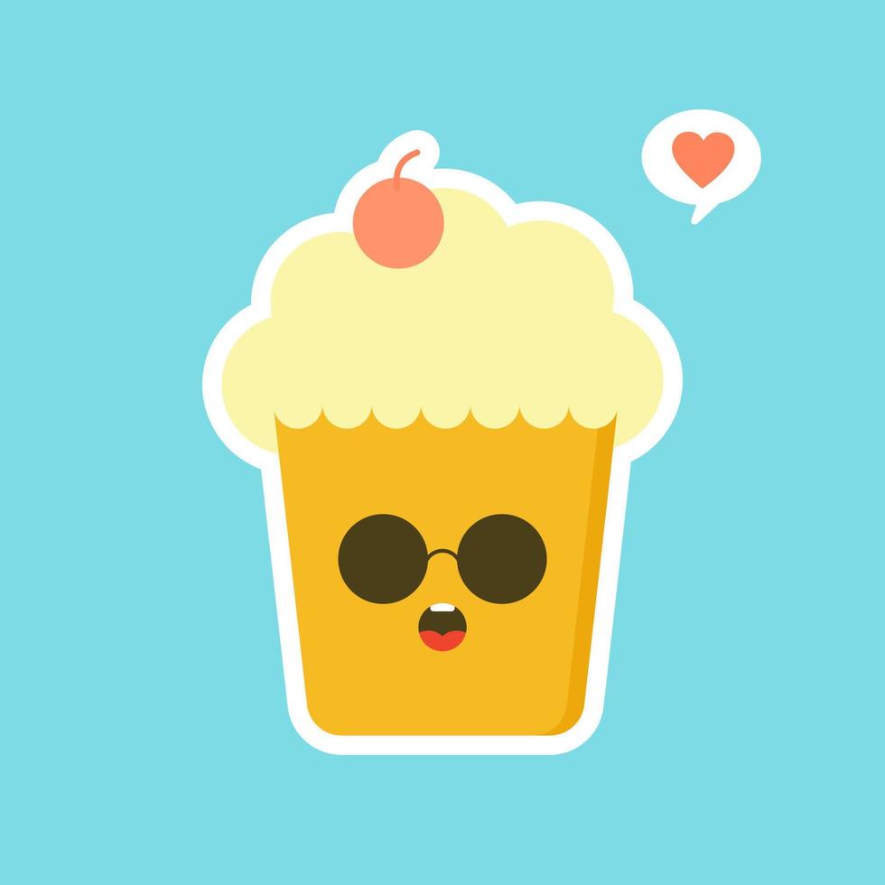 cupcakes avec un joli visage. personnages de bandes dessinées kawaii. dessin animé de vecteur dans un style plat. peut être utilisé pour la carte, l'affiche de la mascotte, la bannière, la conception Web et l'impression sur t-shirt. facile à modifier.