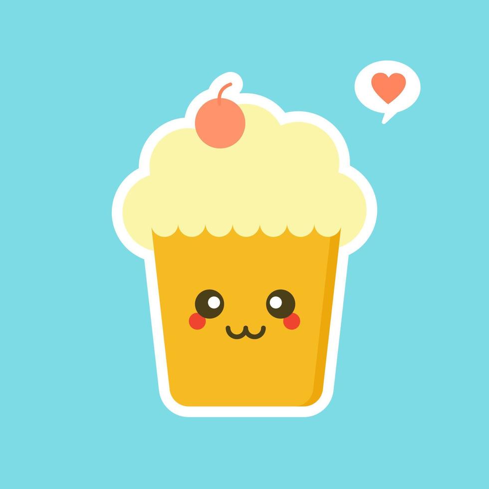 cupcakes avec un joli visage. personnages de bandes dessinées kawaii. dessin animé de vecteur dans un style plat. peut être utilisé pour la carte, l'affiche de la mascotte, la bannière, la conception Web et l'impression sur t-shirt. facile à modifier.