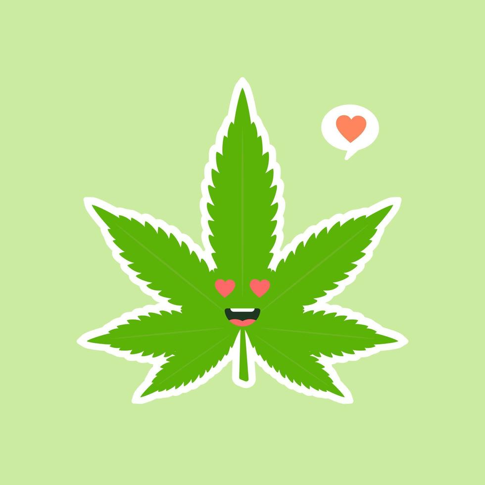 mignon et kawaii souriant visage de feuille verte de mauvaise herbe de marijuana heureux. conception d'icône d'illustration de personnage de dessin animé plat de vecteur. isolé sur fond de couleur. marijuana ganja, cannabis médical et récréatif vecteur