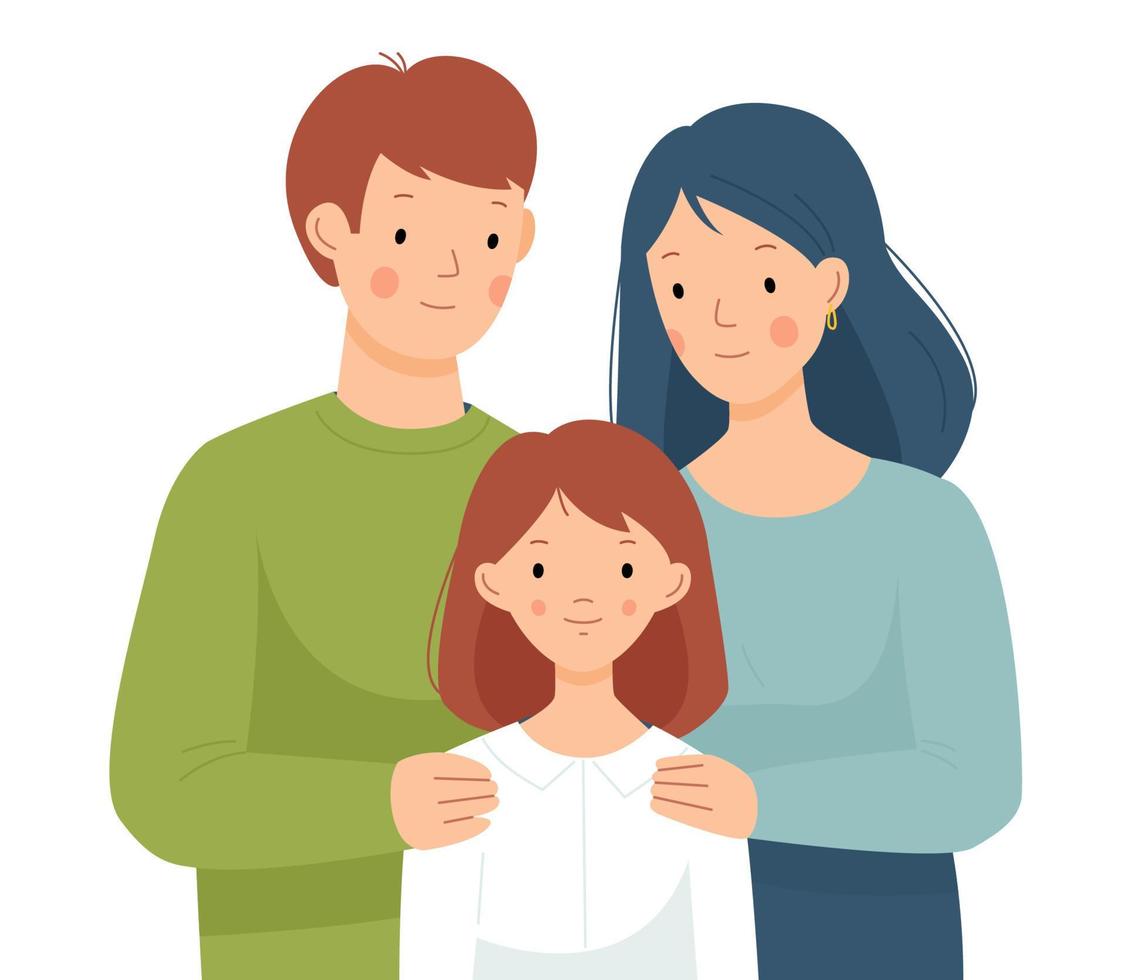 famille heureuse. maman, papa et fille s'embrassent. parents et écolière. illustration vectorielle à plat. vecteur